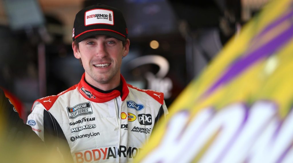 Ryan Blaney in Auto Club garage with Body Armor Kobe Bryant paint scheme