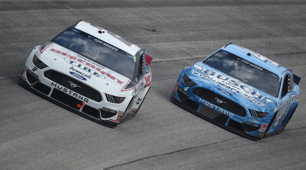 Brad Keselowski and Kevin Harvick racing at Darlington May 2020