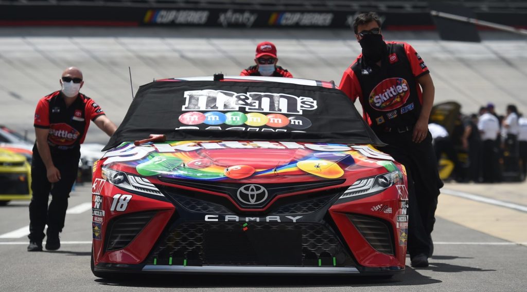 Kyle Busch's pit crew walking Skittles Toyota down the grid at Bristol 2020