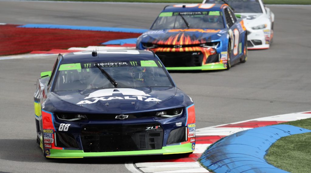 Alex Bowman leading Chase Elliott at Charlotte Roval 2018