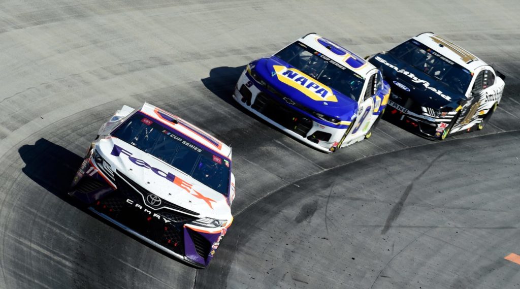 Denny Hamlin, Chase Elliott, and Aric Almirola racing at Bristol 2020