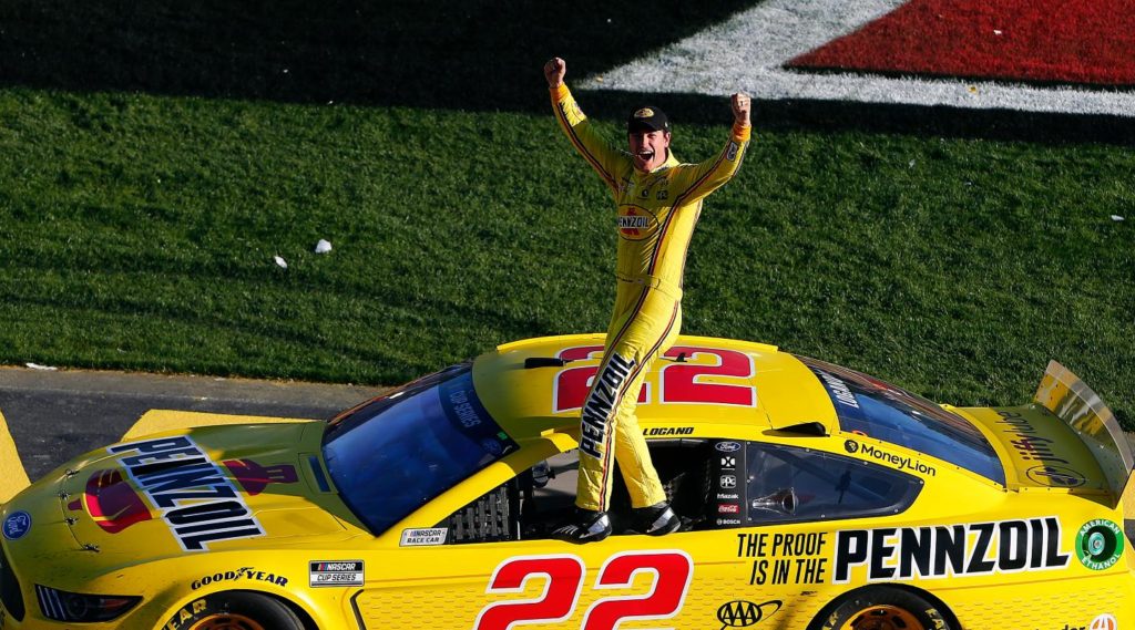 Joey Logano, driver of the #22 Pennzoil Ford, celebrates his win during the NASCAR Cup Series Pennzoil 400 at Las Vegas Motor Speedway on February 23, 2020 in Las Vegas, Nevada.
