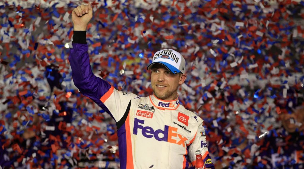 Denny Hamlin in victory lane with confetti 2020 Daytona 500