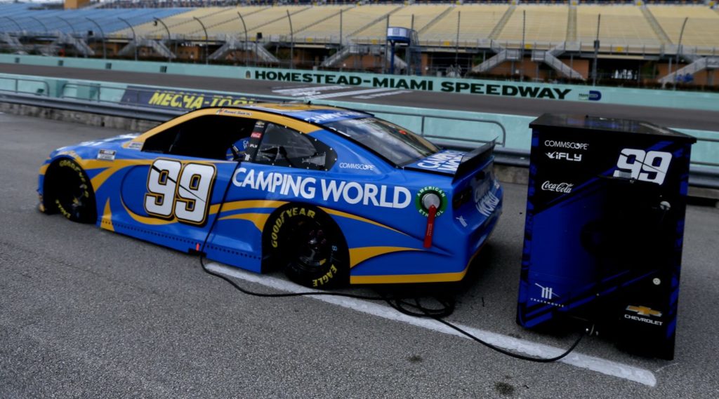 Daniel Suarez's #99 Chevrolet on pit road grid at Homestead-Miami Speedway