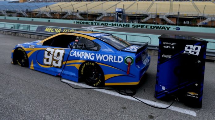 Daniel Suarez's #99 Chevrolet on pit road grid at Homestead-Miami Speedway