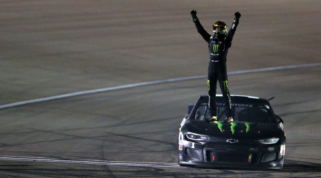 Kurt Busch hands in air after victory at Las Vegas Motor Speedway 2020