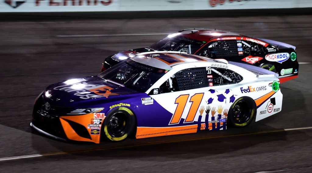 Denny Hamlin racing side by side with Austin Dillon at Richmond Raceway in 2020
