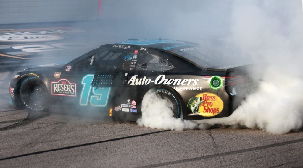 Martin Truex, Jr. burnout at Darlington 2021 after win in the Auto Owners paint scheme