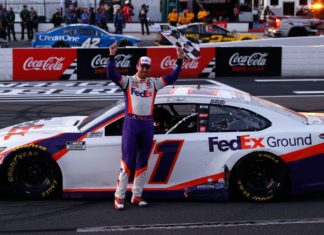 FanDuel NASCAR Driver Projections for the Phoenix Finale Denny Hamlin celebrating win at Pocono 2020
