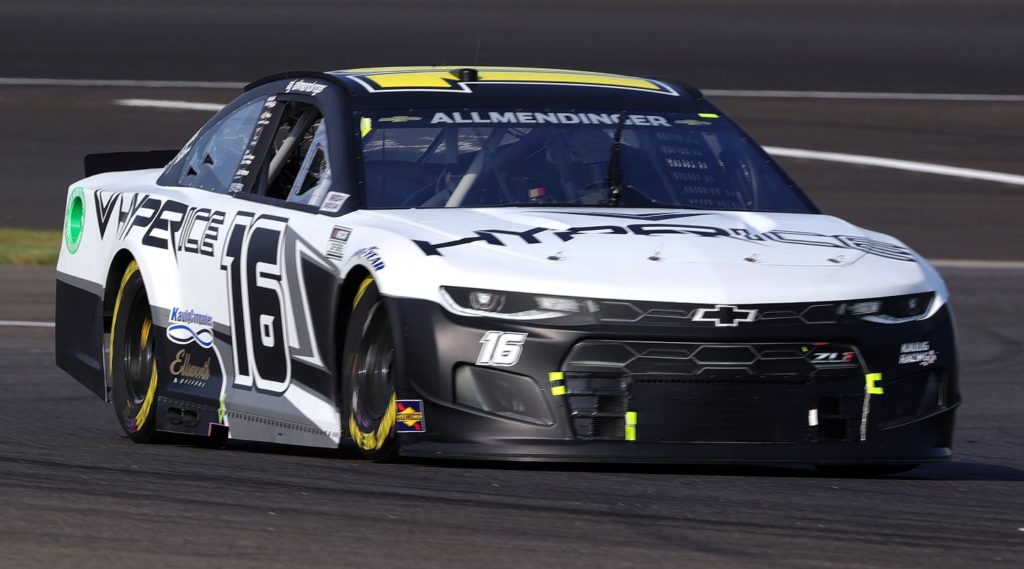 AJ Allmendinger, driver of the #16 Hyperice Chevrolet, drives during qualifying for the NASCAR Cup Series Verizon 200 at the Brickyard at Indianapolis Motor Speedway on August 15, 2021 in Indianapolis, Indiana.