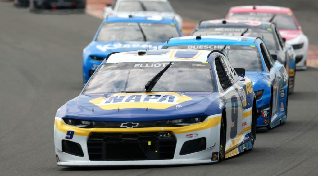 Chase Elliott, driver of the #9 NAPA Auto Parts Chevrolet, leads the field during the NASCAR Cup Series Go Bowling at The Glen at Watkins Glen International on August 08, 2021 in Watkins Glen, New York.