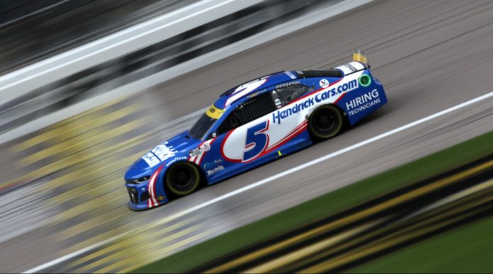 Kyle Larson, driver of the #5 HendrickCars.com Chevrolet, drives during the NASCAR Cup Series Hollywood Casino 400 at Kansas Speedway on October 24, 2021 in Kansas City, Kansas.