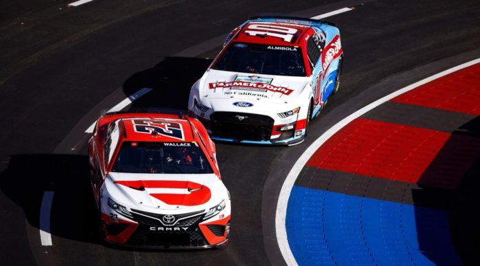 Bubba Wallace and Aric Almirola practicing for the Busch Clash at the Los Angeles Coliseum on February 05, 2022