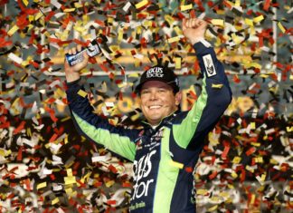 Sharps Moving NASCAR Betting Lines For Auto Club Speedway Race Erik Jones celebrating in victory lane at Darlington 2022